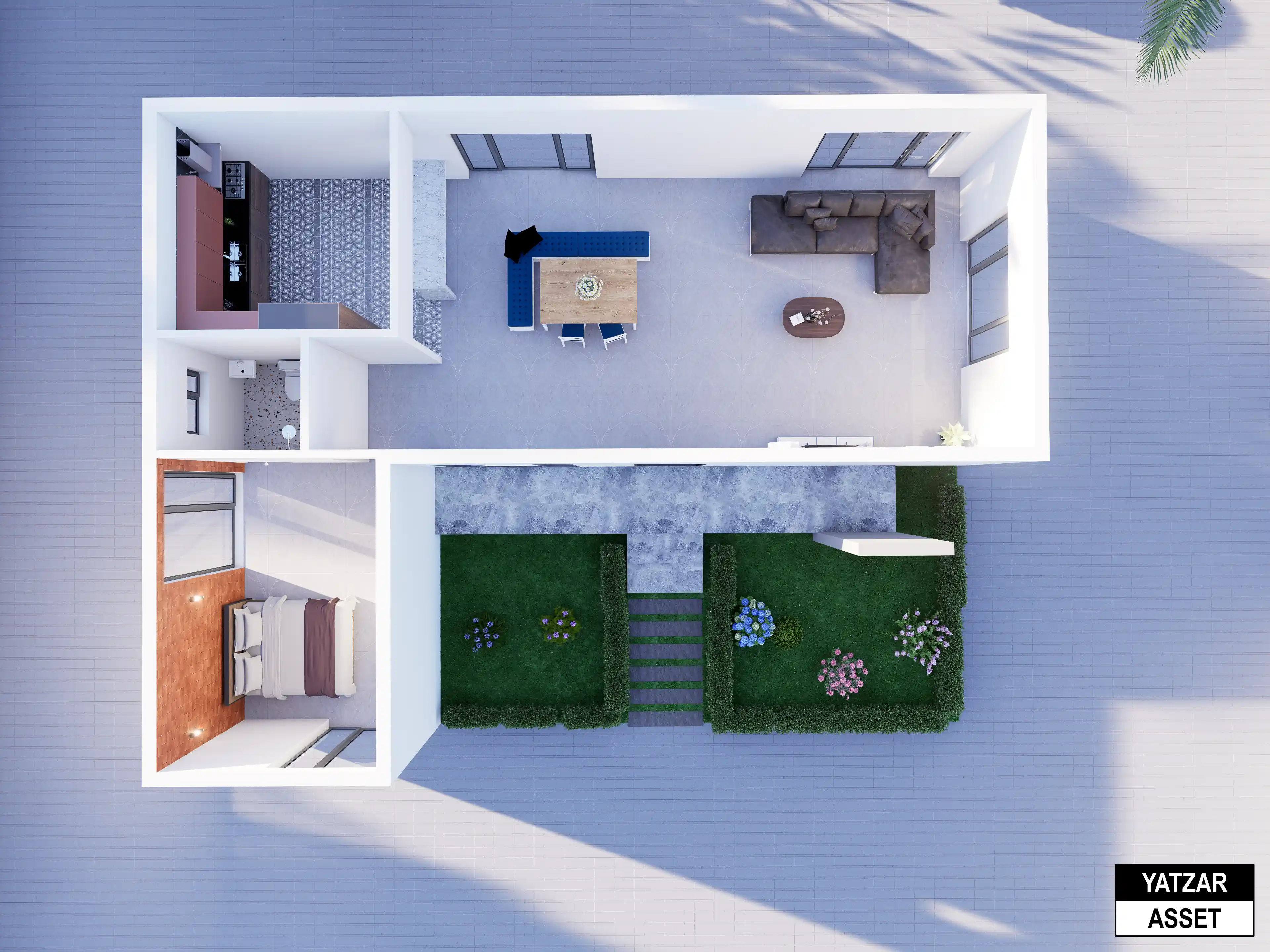 Yatzar Asset | Modern Sloped Roof 1BHK House | Blender 3D Model | 1264 sq.ft.