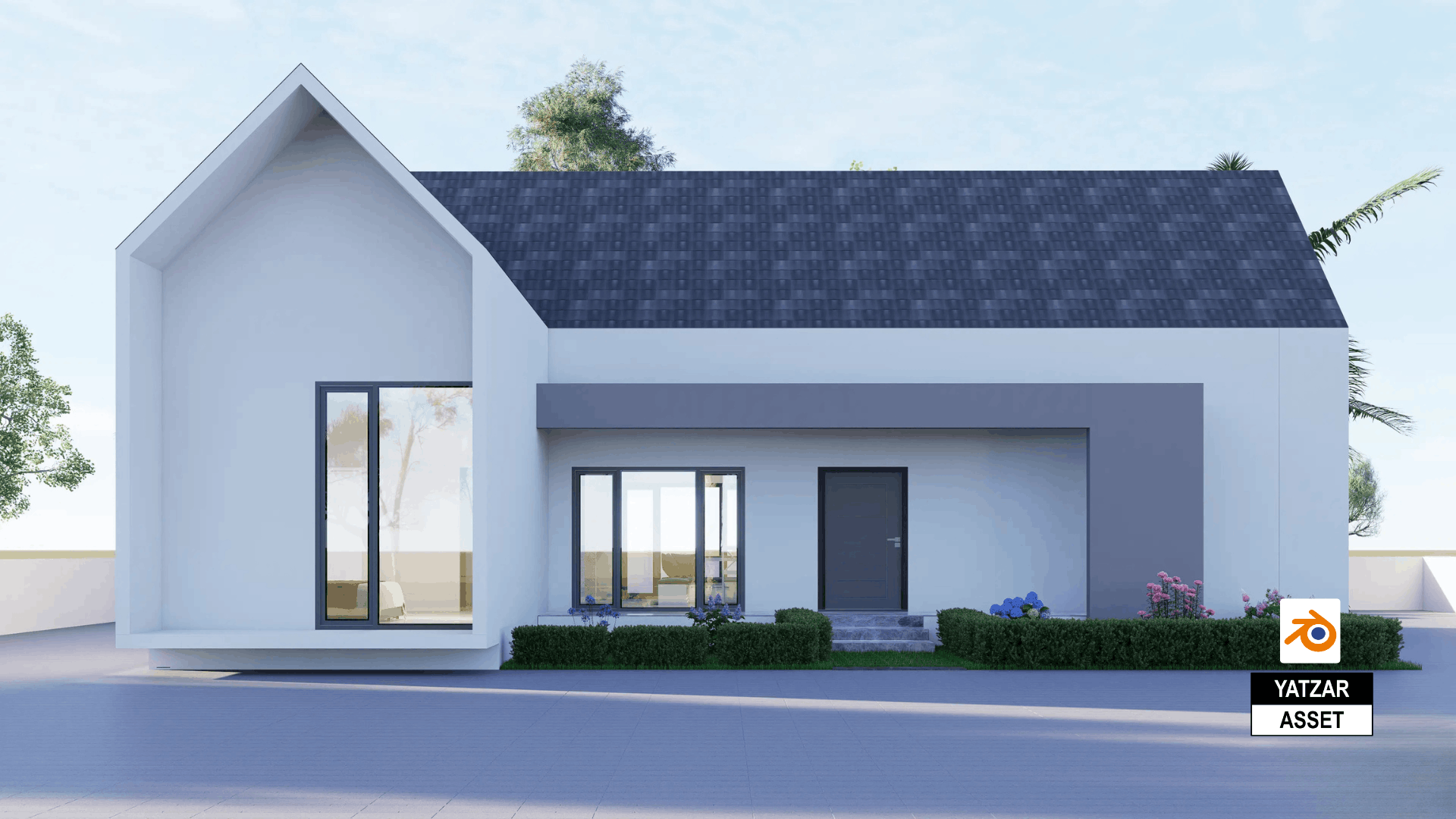Yatzar Asset Modern Sloped Roof 1BHK House | Blender 3D Model | 1264 sq.ft.