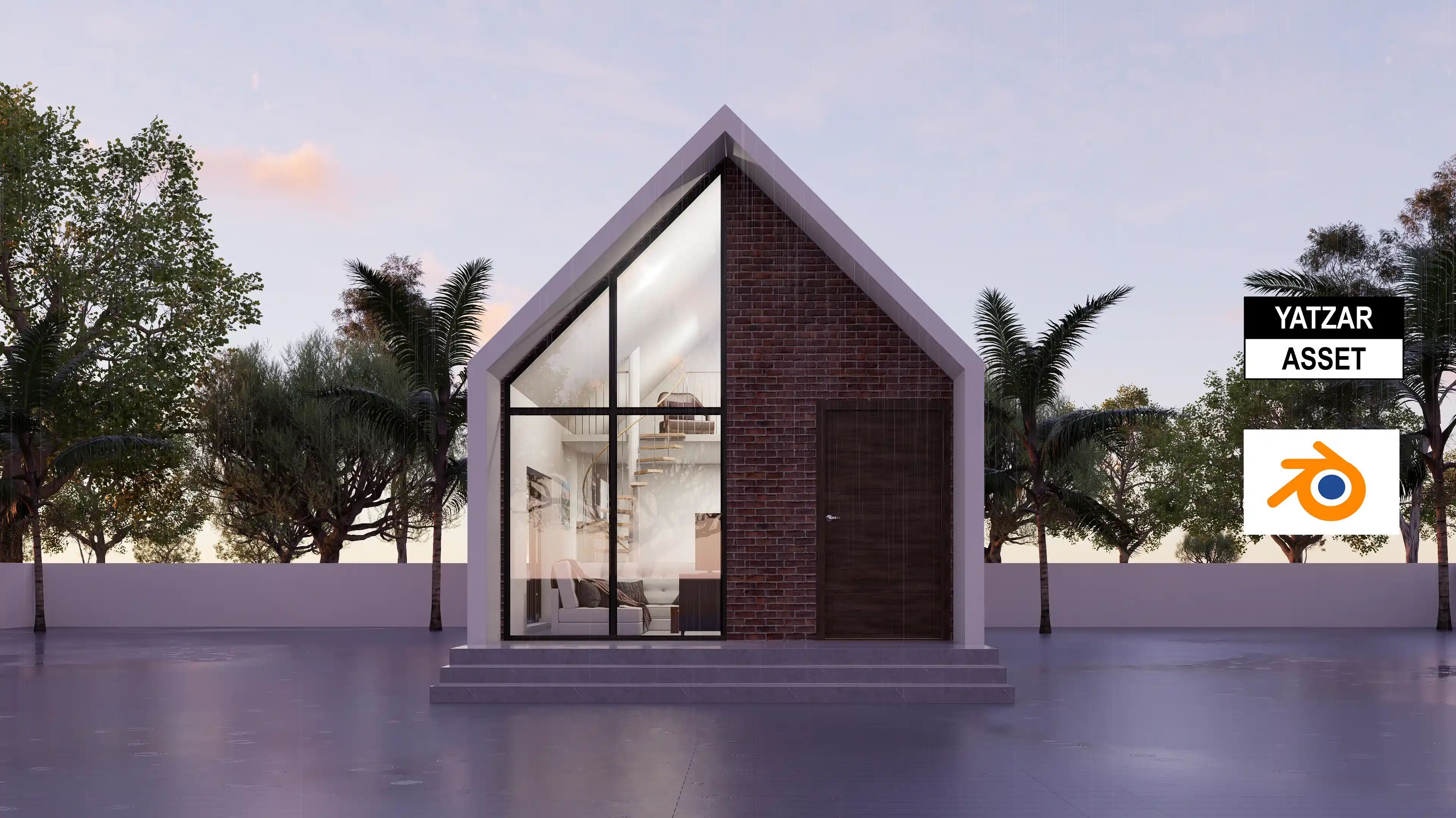 Yatzar Asset Modern Sloped Roof 1BHK House | Blender 3D Model | 1348 sq.ft.